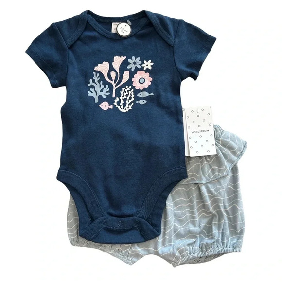 Nordstrom Navy Coral Wave Onesie Bloomers Set newborn 3m 6M 9m 12m - Picture 1 of 2